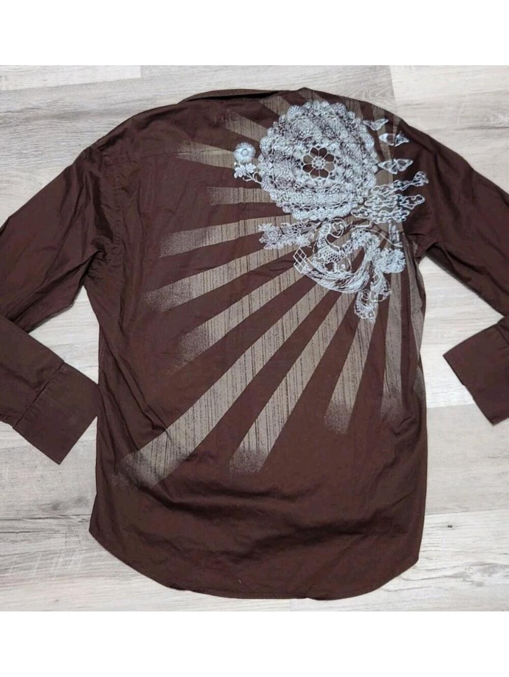 Mens 7 Diamonds Shirt Extra Large Button Down Embroidered Brown Blue
